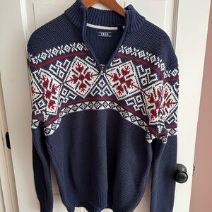 Izod Men's Zip Up Sweater - Navy with Red and White Pattern